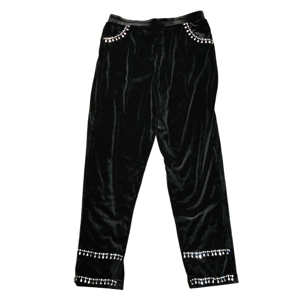 Womens Small Pants Black Velour Rhinestone Trim Stretch Pull On Vintage Y2K Chic